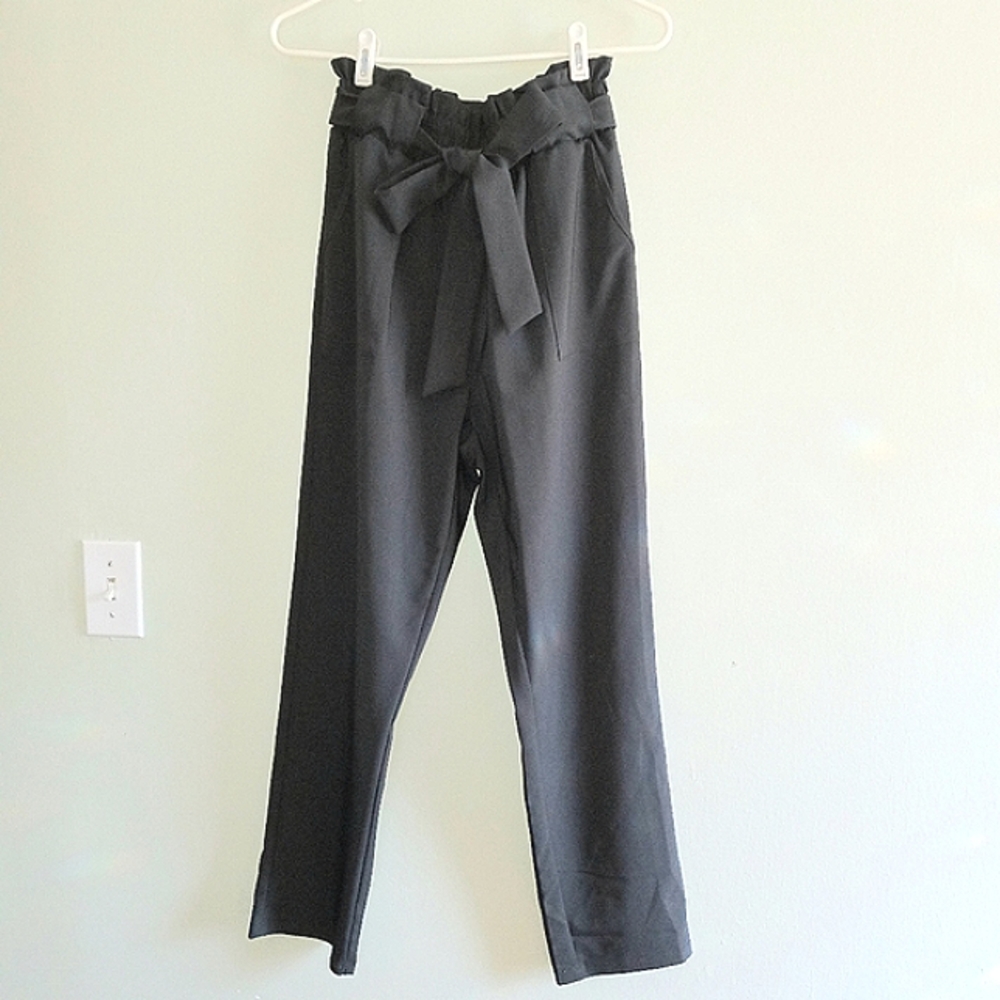 GRACE KARIN sz M Dark Grey Cropped paper bag waist pants with bow tie belt